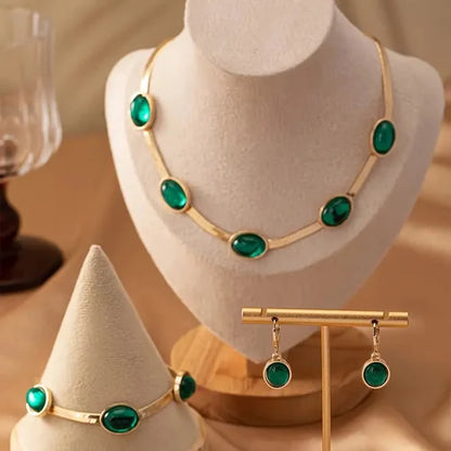 ✨💚 Oval Green Crystal Pendant Necklace Set With Bracelet 💚✨