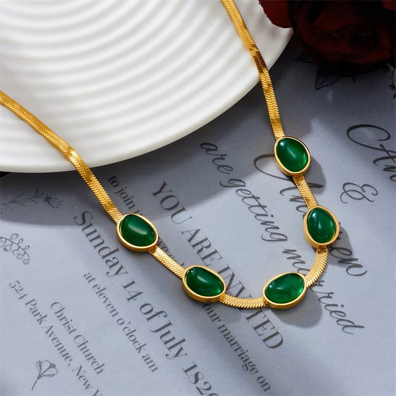 ✨💚 Oval Green Crystal Pendant Necklace Set With Bracelet 💚✨