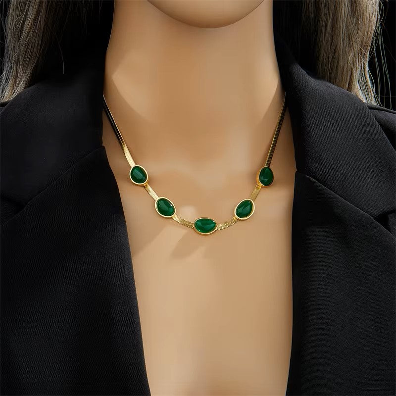 ✨💚 Oval Green Crystal Pendant Necklace Set With Bracelet 💚✨