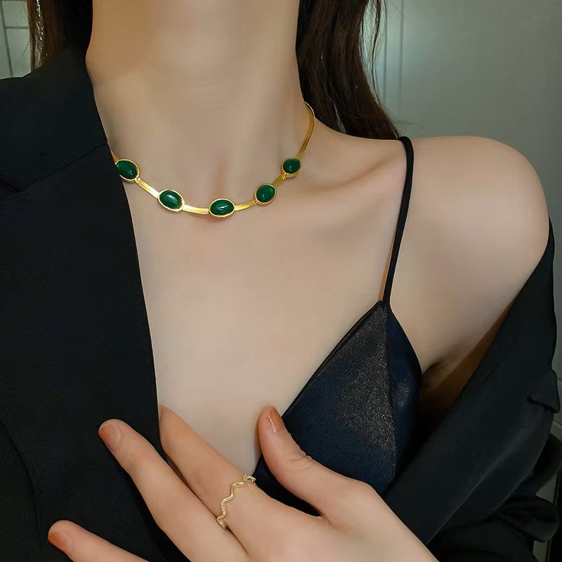 ✨💚 Oval Green Crystal Pendant Necklace Set With Bracelet 💚✨